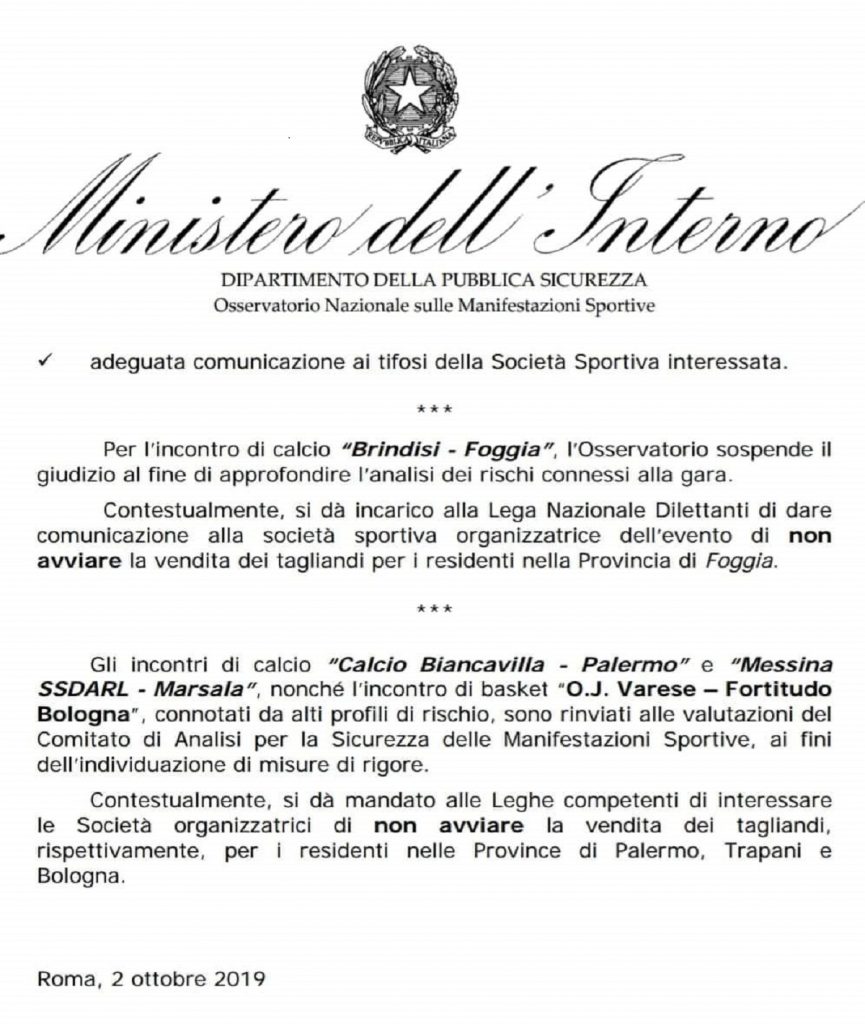 Il comunicato diramato dal Ministero degli Interni