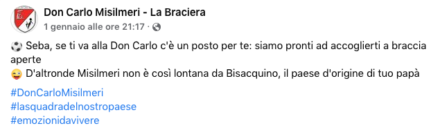 Il post scritto per Giovinco sulla pagina Facebook della Don Carlo